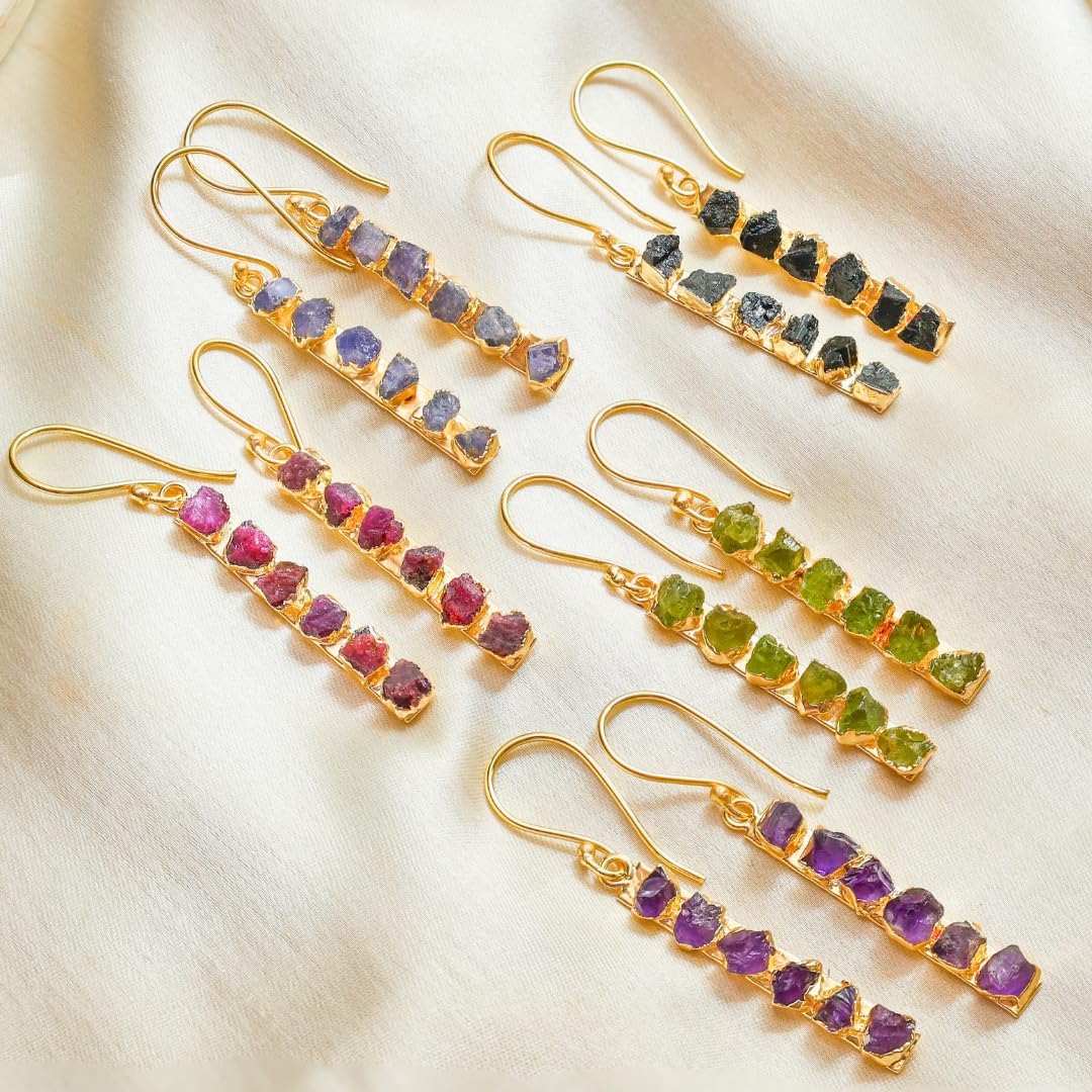 Gempires Genuine Gemstone Drop Bar Earrings for Women 14k Gold Plated Hammer Finish Dangle Handmade Hypoallergenic Crystal Jewelry Gift - Image 7