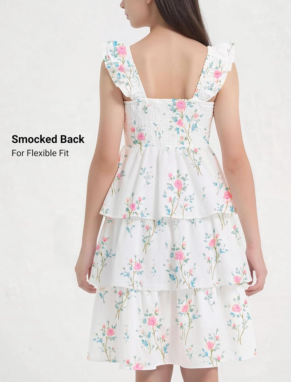 EXARUS Girls Padded Floral Dress Summer Ruffle Swing Flowy Spring Casual Sweetheart Smocked Waist A-line Dresses