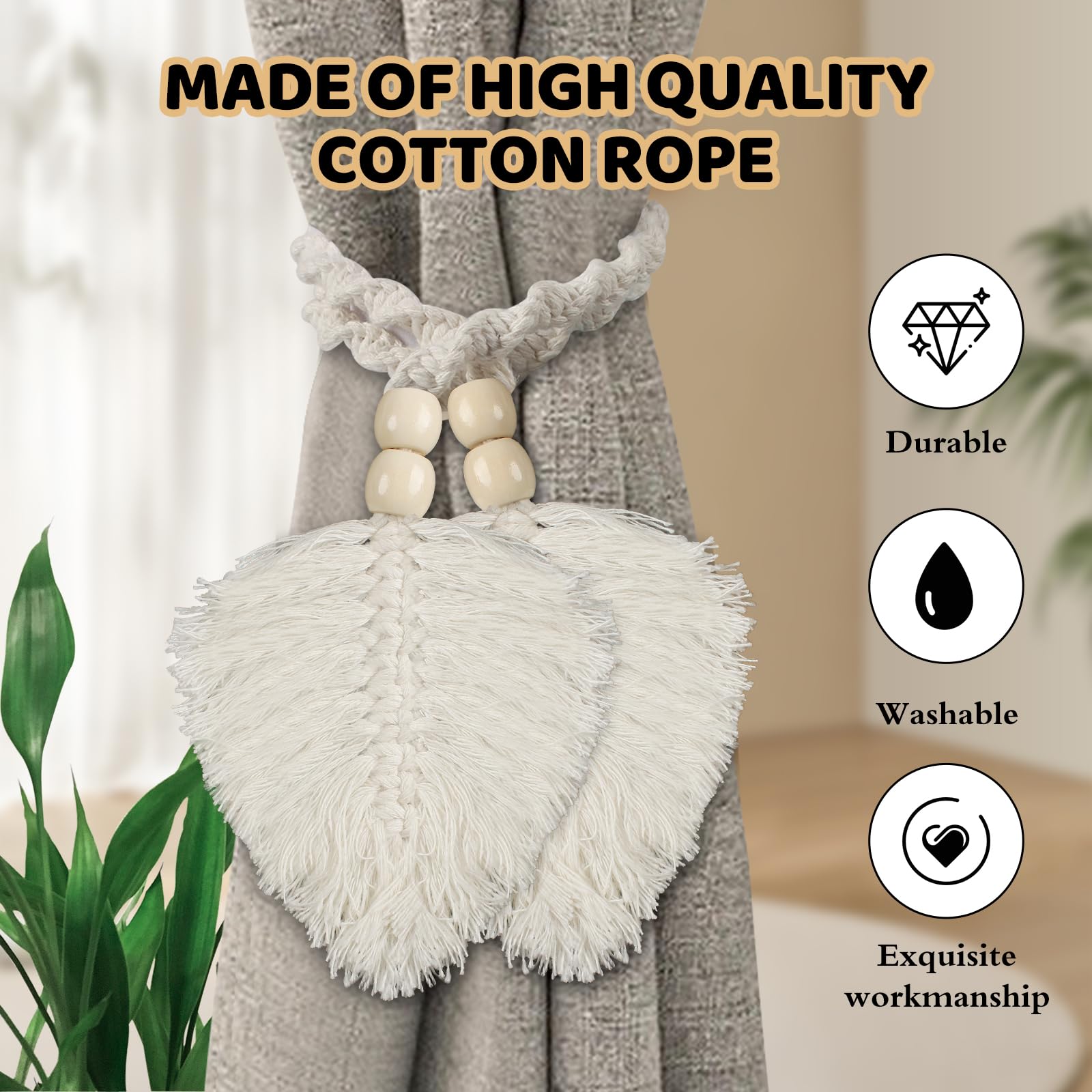 NVGVUP 4 Pack Boho Curtain Tie Backs, Beige Tie Backs for Curtains Cotton Hand Woven Rope Curtain Holdbacks for Home Office - Image 4