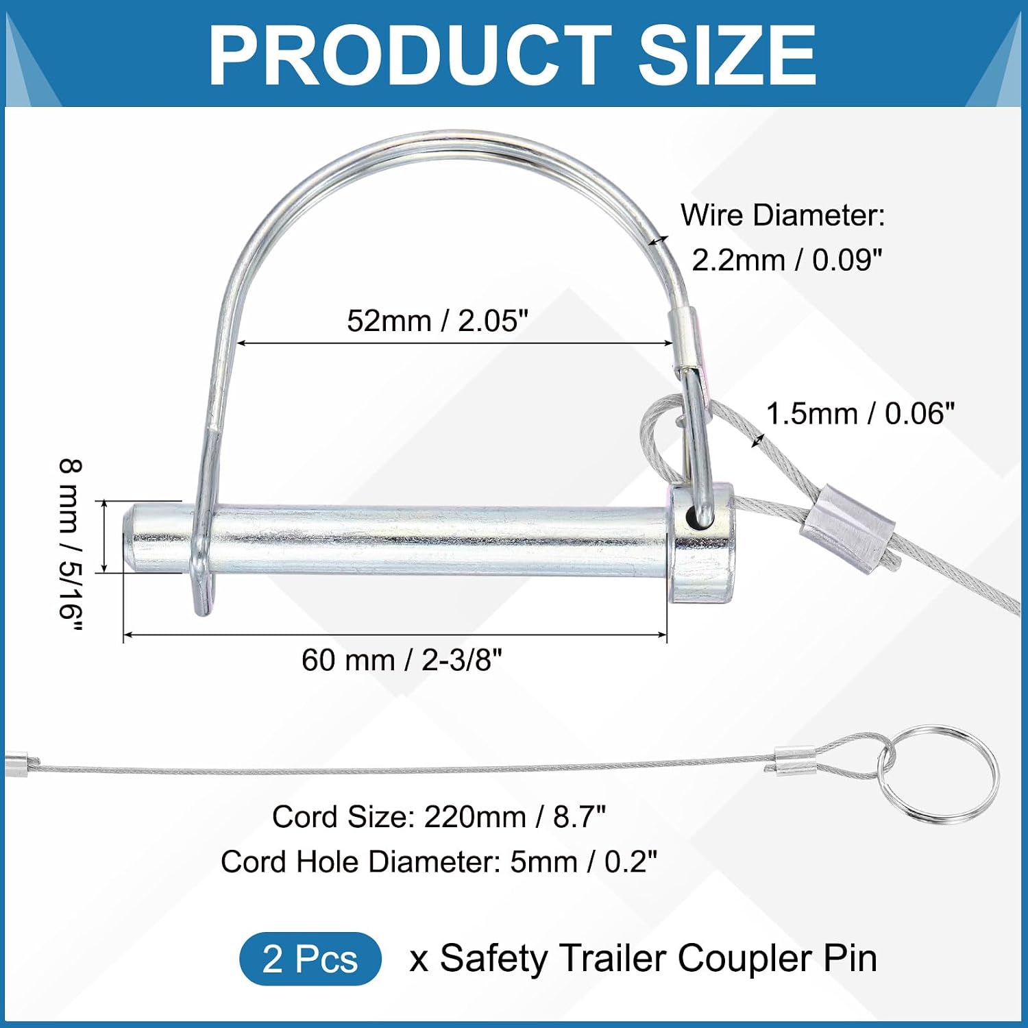 PATIKIL 2 Pcs Trailer Coupler Pins, 5/16" x 1-9/16" (8mm x 60mm) D Shape Shaft Locking Pin with Ear Extended Cord Quick Release Ring Round Arch Wire Retainer for Farm Trailers Hitches