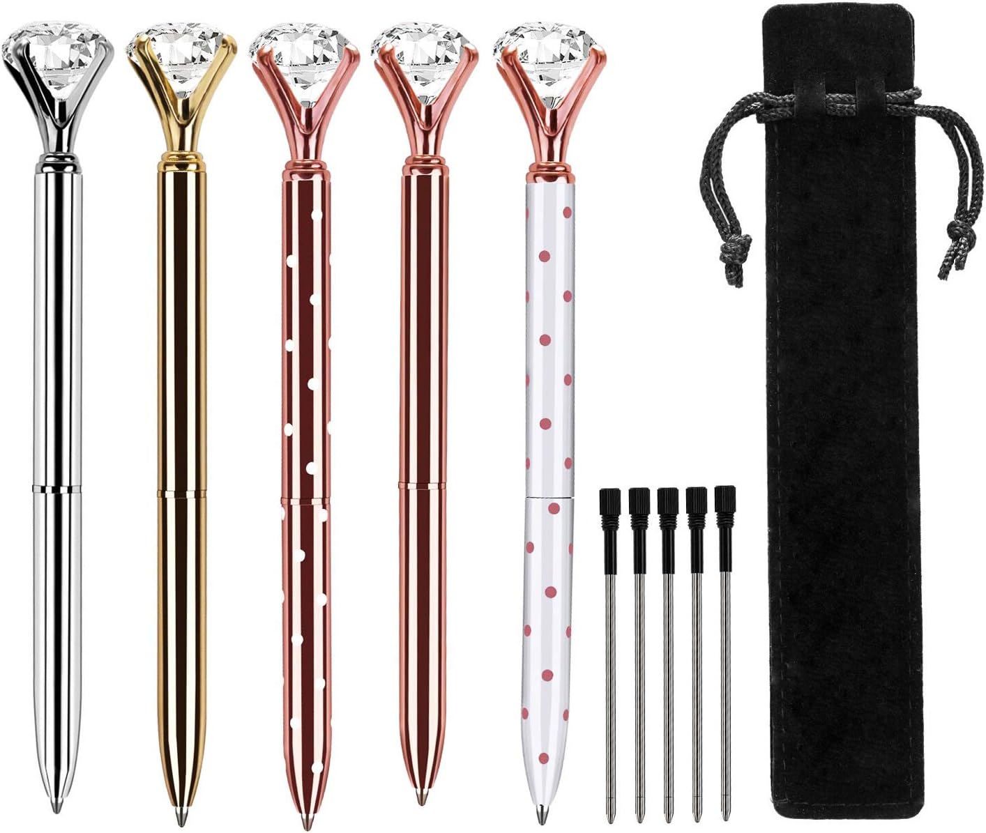 HBlife 5 PCS Big Crystal Diamond Ballpoint Pen Metal Ballpoint Pen Office Supplies，Gold Pens with 5 Ballpoint Pen Refills, 1 Black Velvet Bag, Black Ink