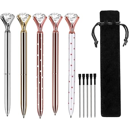 5 PCS Big Crystal Diamond Ballpoint Pen,HabiLife Metal Ballpoint Pen Office Supplies，Gold Pens with 5 Ballpoint Pen Refills, 1 Black Velvet Bag, Black Ink