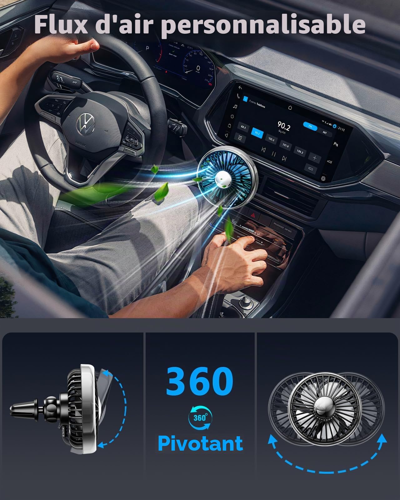 Ventilateur USB de voiture puissant, 3 vitesses, pour SUV, van, camping-car, pickup, ventilateur portable de refroidissement