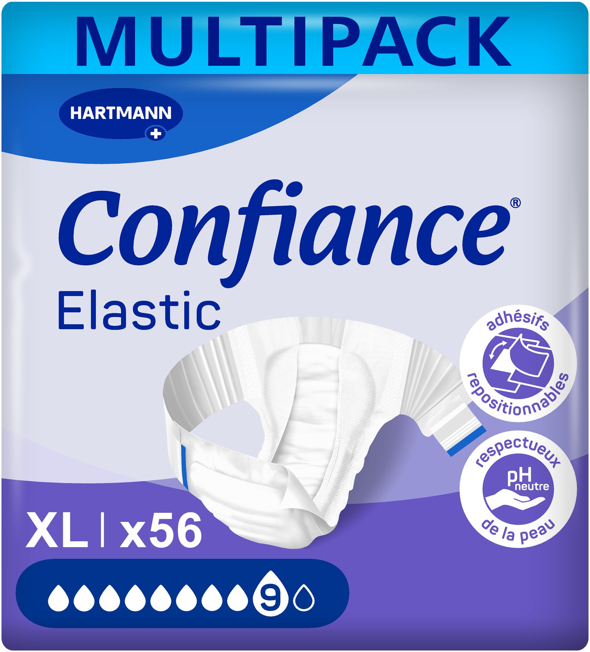 Confiance Elastic – Cambios completos para hombres y mujeres – Nivel de absorción = 9 gotas (fugas urinarias importantes) – pH neutro a la piel – Material suave – Talla XL – 4 x 14 Unidades | 4 x 14 unidades, protecciones para fugas de orina significativa