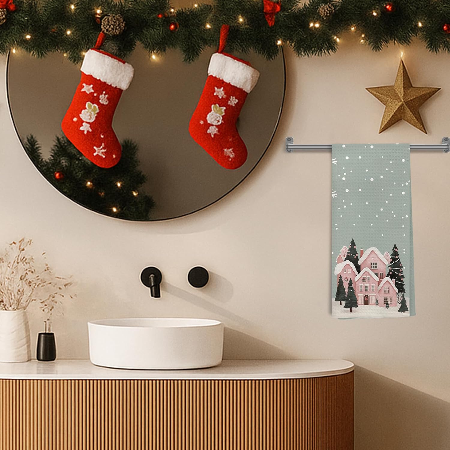 Christmas Winter Kitchen Towels Decorative, Winter Snowy Pink Town Christmas Hand Tea Towels for Bathroom, Xmas Snowflakes Holiday Dish Towel Dishcloth, 16x24 Inch - Image 5