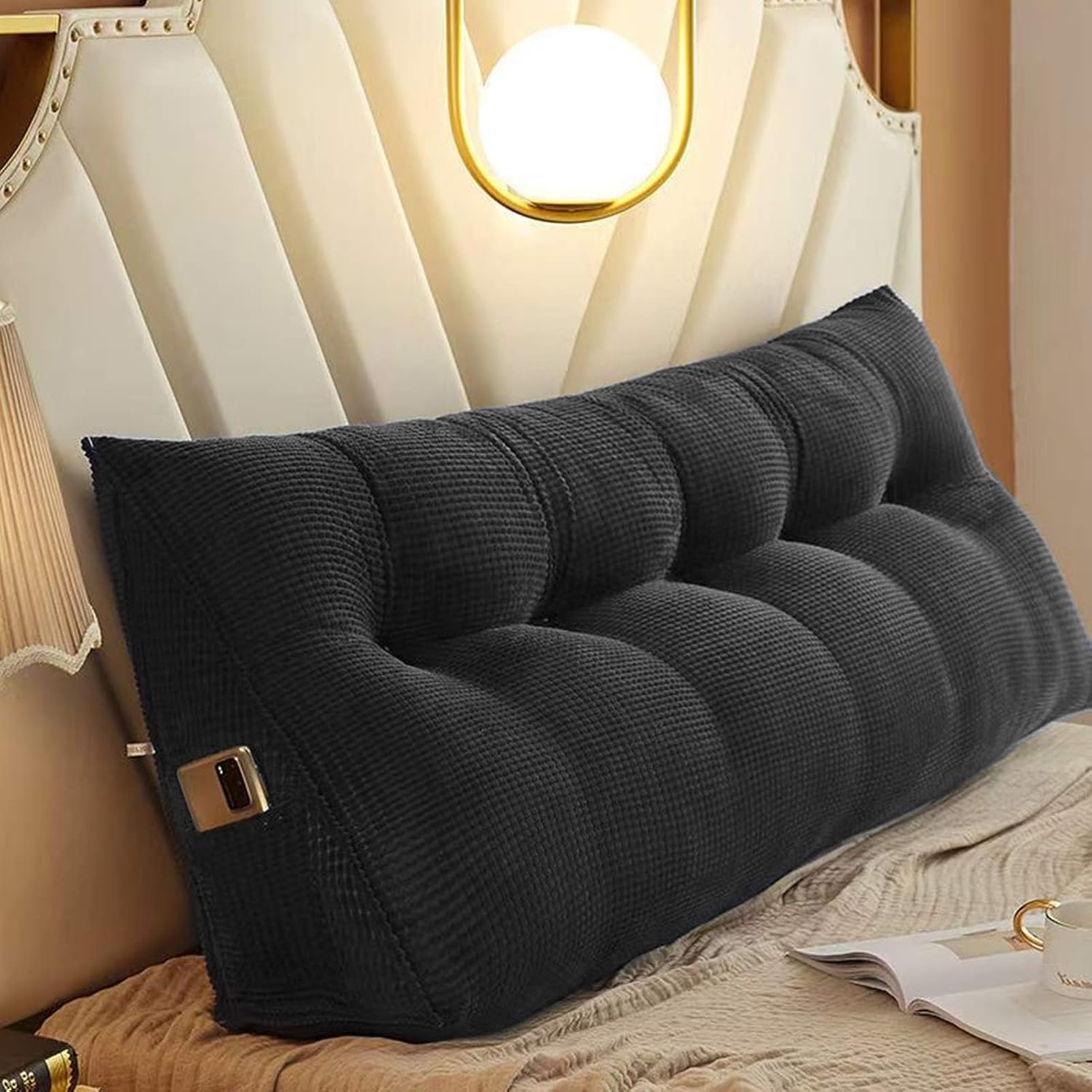 Triangular Headboard Cushion Wedge Cushion Lumbar Support Cushion Bed Reading Pillow, with Pocket Removable Cover for Home Bedrooms and Lounges (Black,39.3in)