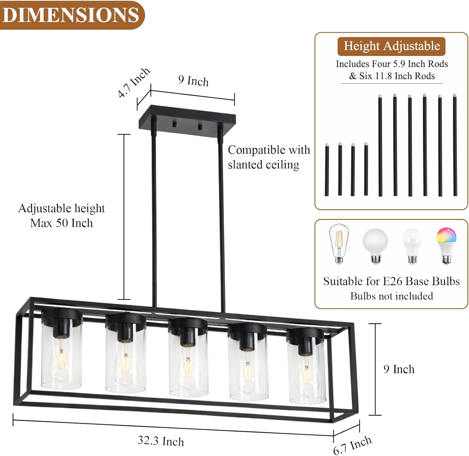 Modern 5-Light Black Rectangular Farmhouse Chandeliers, Linear Dining Room Light Fixture with Clear Glass Shades, Kitchen Island Lighting Fixtures over Table Ceiling Hanging Pendant Lights