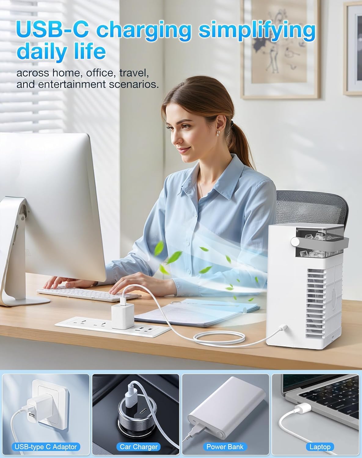 Portable Air Conditioners, Mini Personal Evaporative Cooler with Remote, 2 Mist Modes, 4 Wind Speeds, 1100 ML Water Tank, 2/4/6H Timer, Colorful Light, USB-C Powered Cooling Fan for Room Office Car