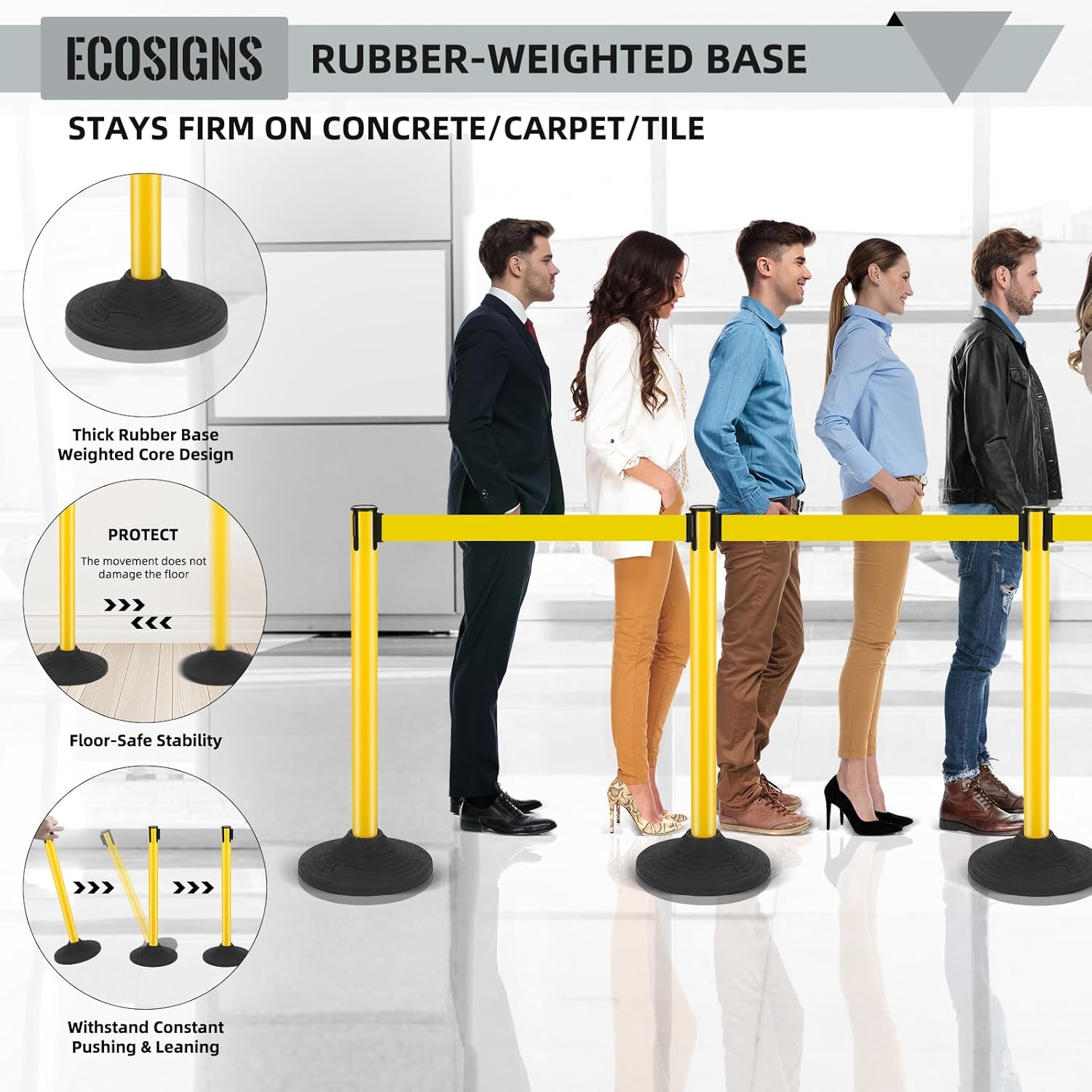 ECOSlGNS 6 Pack Stanchions with 10ft Retractable Belts - Yellow Stanchion Posts Set Crowd Control Barriers Line Dividers with Weighted Rubber Base & Sign Holders for Queue Management