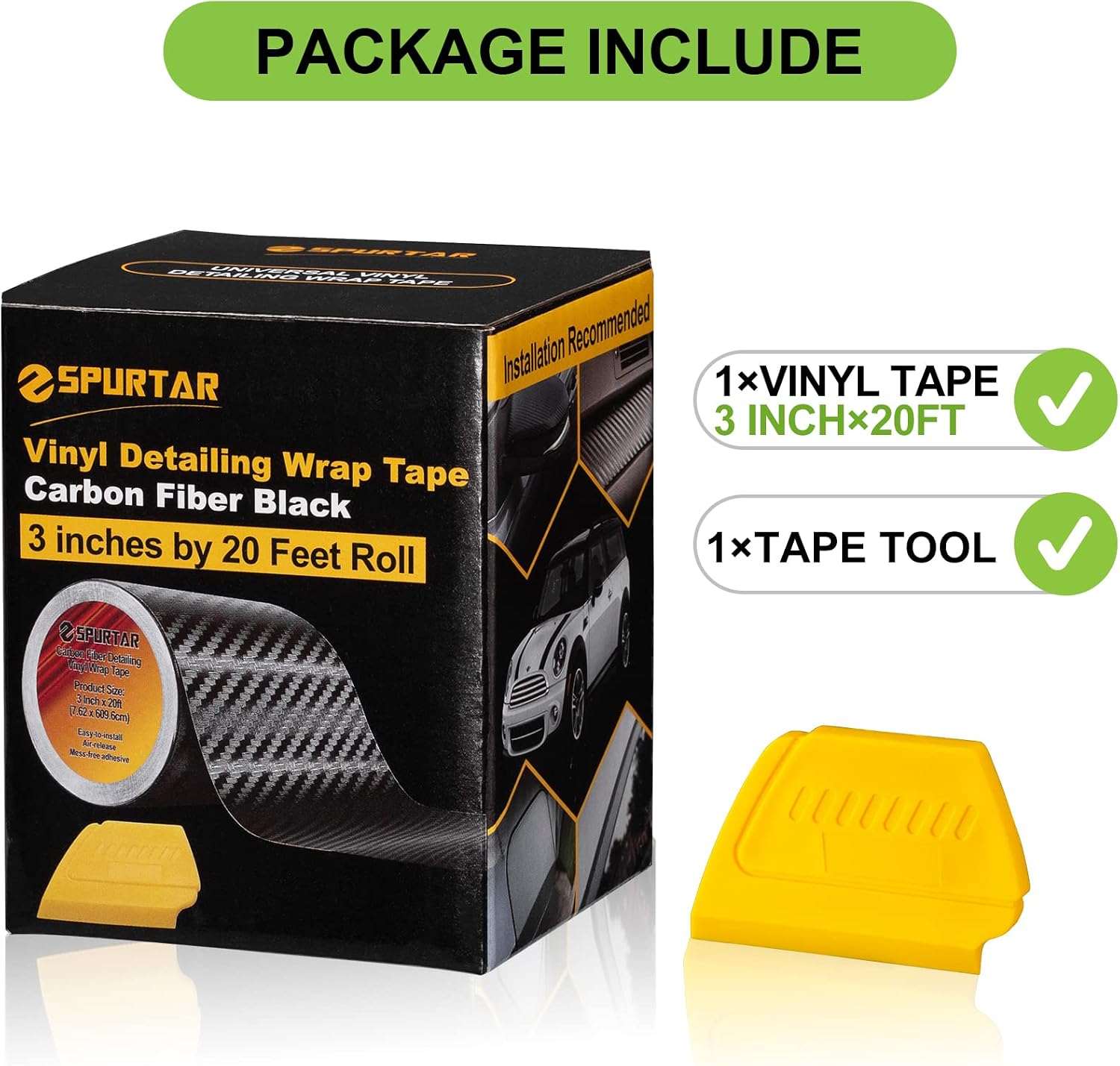 Spurtar Carbon Fiber Wrap Black Vinyl Wrap for Cars, 3 Inch x 20 ft Universal Chrome Delete Dry Carbon Fiber Tape Door Edge Guards Vehicle Detailing Tape Overlay Vinyl Paper Car Exterior Accessories