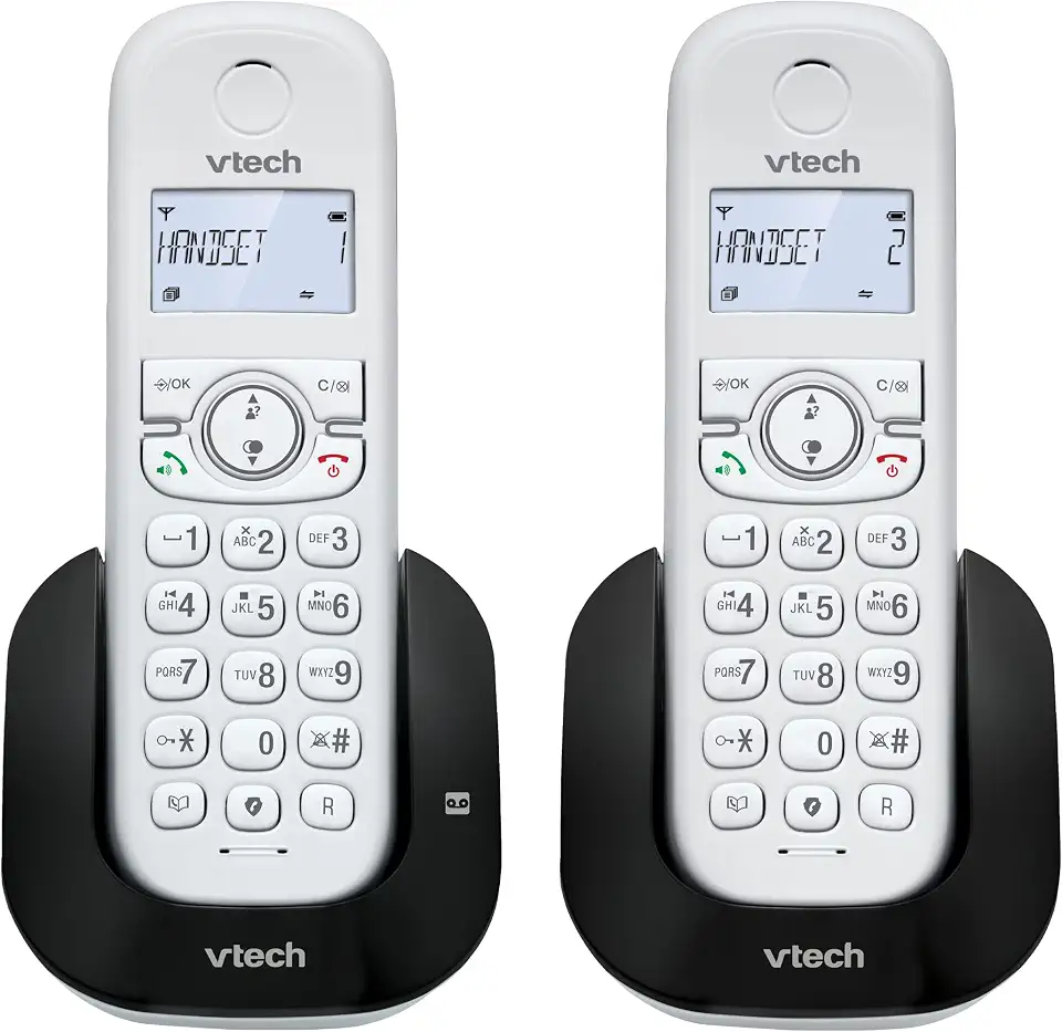 في تيك هاتف لاسلكي CS1551 DECT مع جهاز الرد على المكالمات وحظر المكالمات، سماعتين، اتصال داخلي، هاتف منزلي ارضي، ابيض، معرف المتصل/انتظار المكالمات، اعادة الاتصال بدون استخدام اليدين، شاشة مضيئة ولوحة