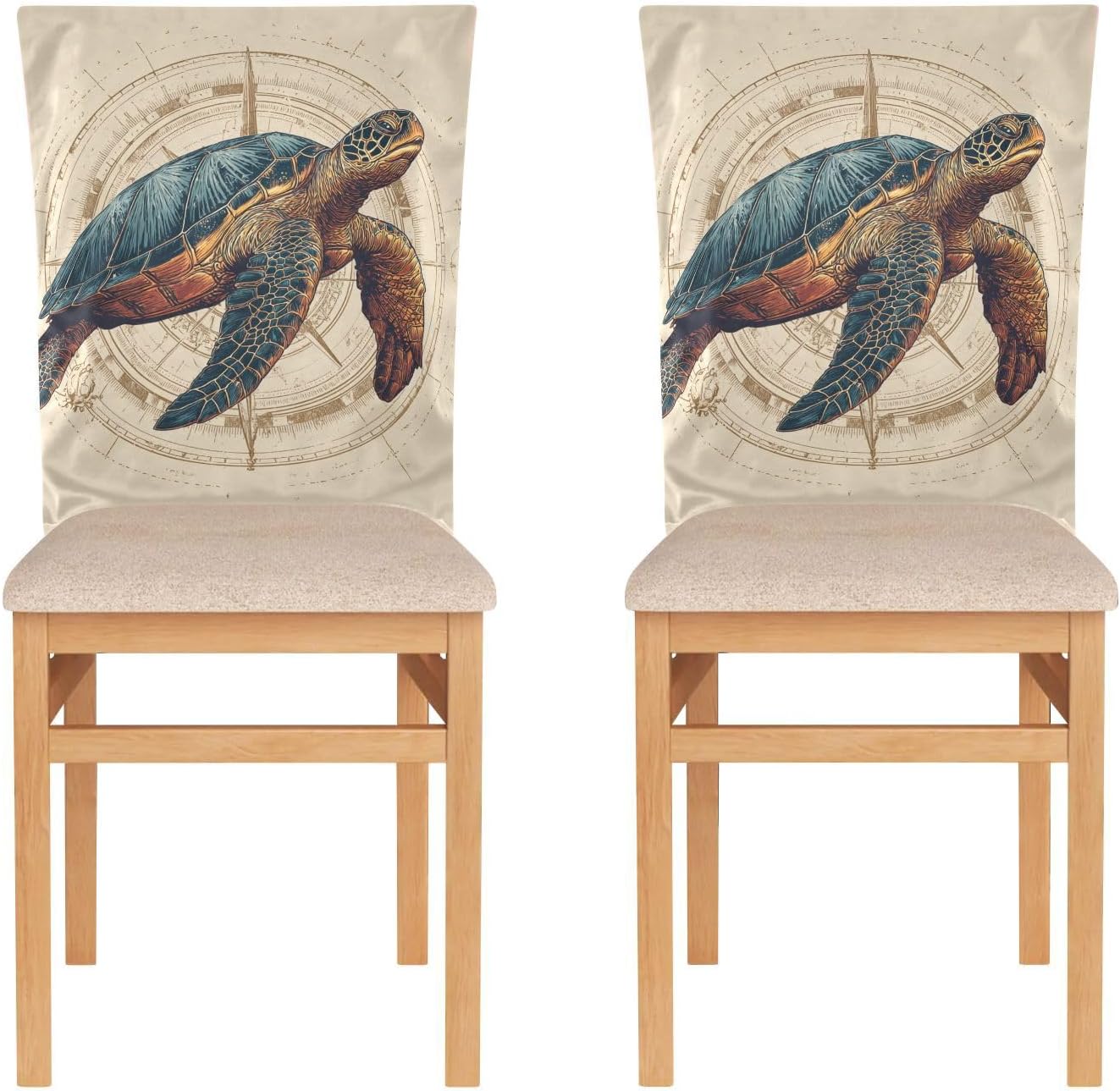 ALAZA Nautical Compasses and Turtle Chair Back Cover Set of 6, Washable Reusable Removable Chair Slipcovers Decorative Chair Cover for Home Kitchen Wedding Party