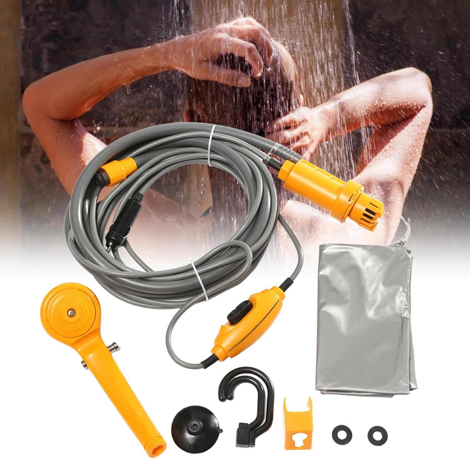 Portable Outdoor Camp Shower - 12V Portable Shower Head Handheld Camping Pump | Handheld Camping Showers with Head, Gear, Powered by Car Cigarettes