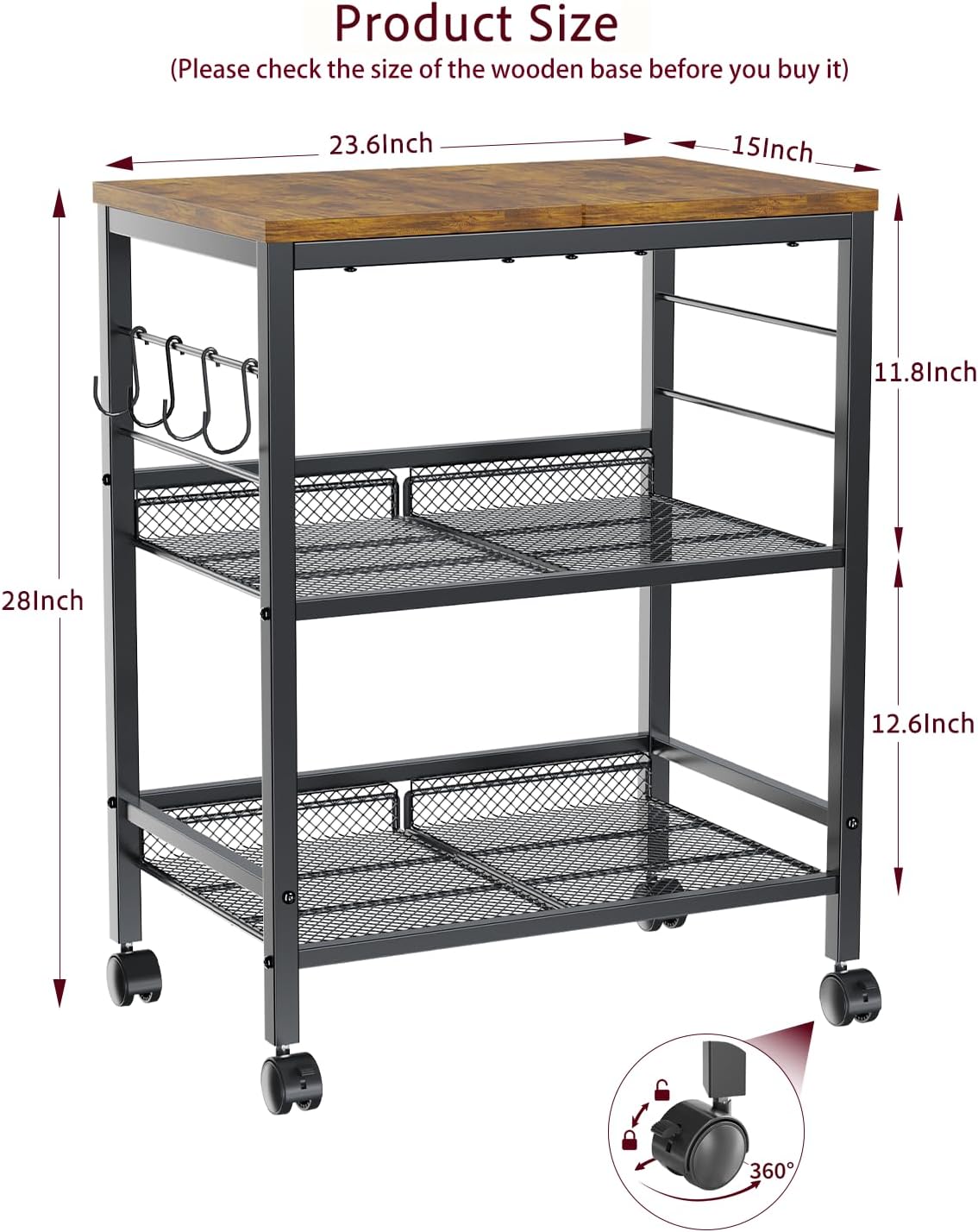 Kitchen Rolling Cart with Storage, 3 Tier Microwave Stand on Lockable Wheels, Small Utility Cart, Coffee bar&Tea Table, Organizer Shelves for Kitchen, Office, Living Room