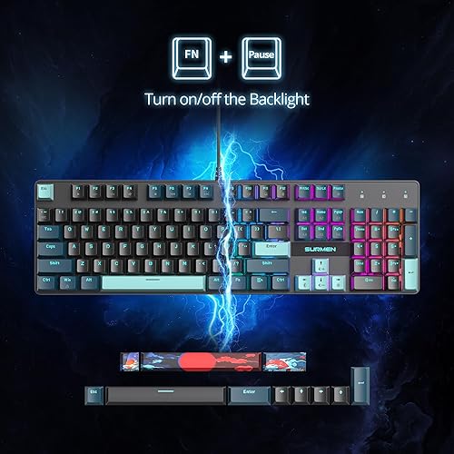 Miniatura 3 de surmen Teclado cremoso de tamaño completo con teclado numérico, 104 teclas RGB con cable teclado mecánico para juegos retroiluminado con teclas PBT,