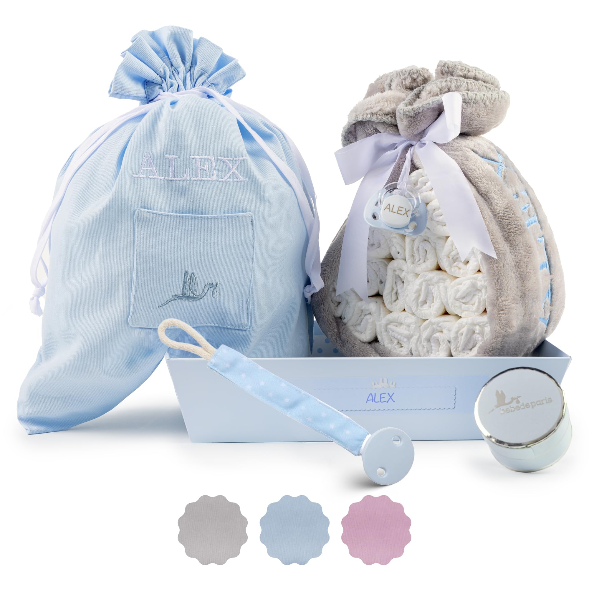 Tarta de Pañales para Recién Nacida con Manta Bordada + 15 Pañales Talla 2 + Chupete Personalizado Azul | BebeDeParis
