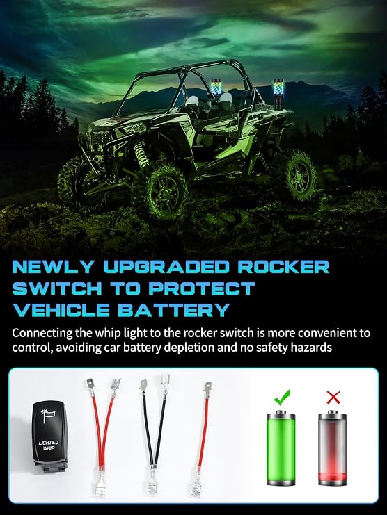 2 Pack 0.5FT Fat Whip Lights, LED Whips with App & Remote Control, Spiral RGB Chasing Lighted Whips with Rocker Switch, Whip Lights for Side by Side SXS UTV ATV RZRCan-Am X3 Off-Road
