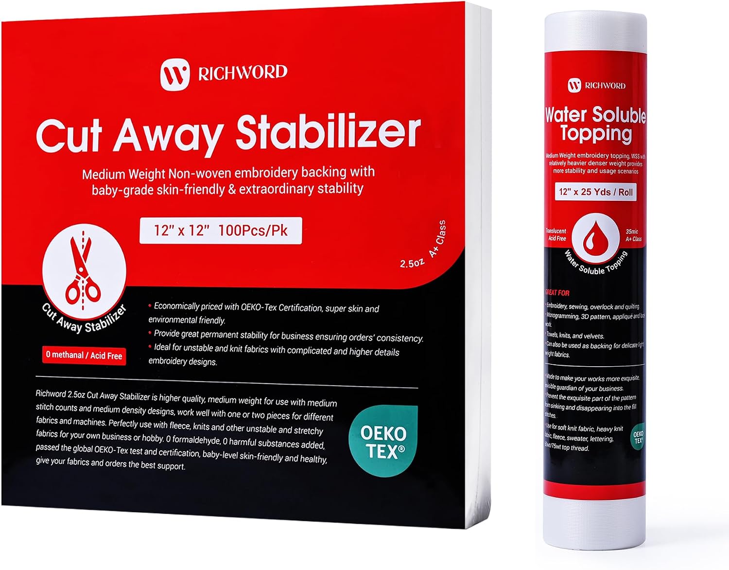 Richword Cut Away Embroidery Stabilizer Backing 12X12 inches 100 Sheets+Wash Away Water Soluble Embroidery Stabilizer and Topping Film 12"x 25 Yard