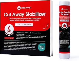 Richword Cut Away Embroidery Stabilizer Backing 12X12 inches 100 Sheets+Wash Away Water Soluble Embroidery Stabilizer and Topping Film 12"x 25 Yard