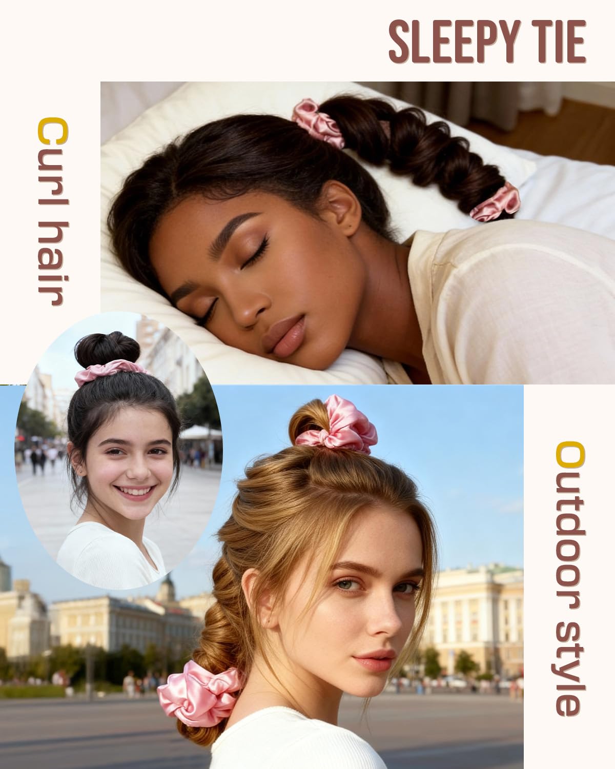 BONNET QUEEN Large Satin Heatless Hair Curler for Long Thick Hair, Heatless Curls Overnight, Hair Curlers to Sleep In, Damage-Free Waves for Women with Built-in Scrunchie, Cream Pink