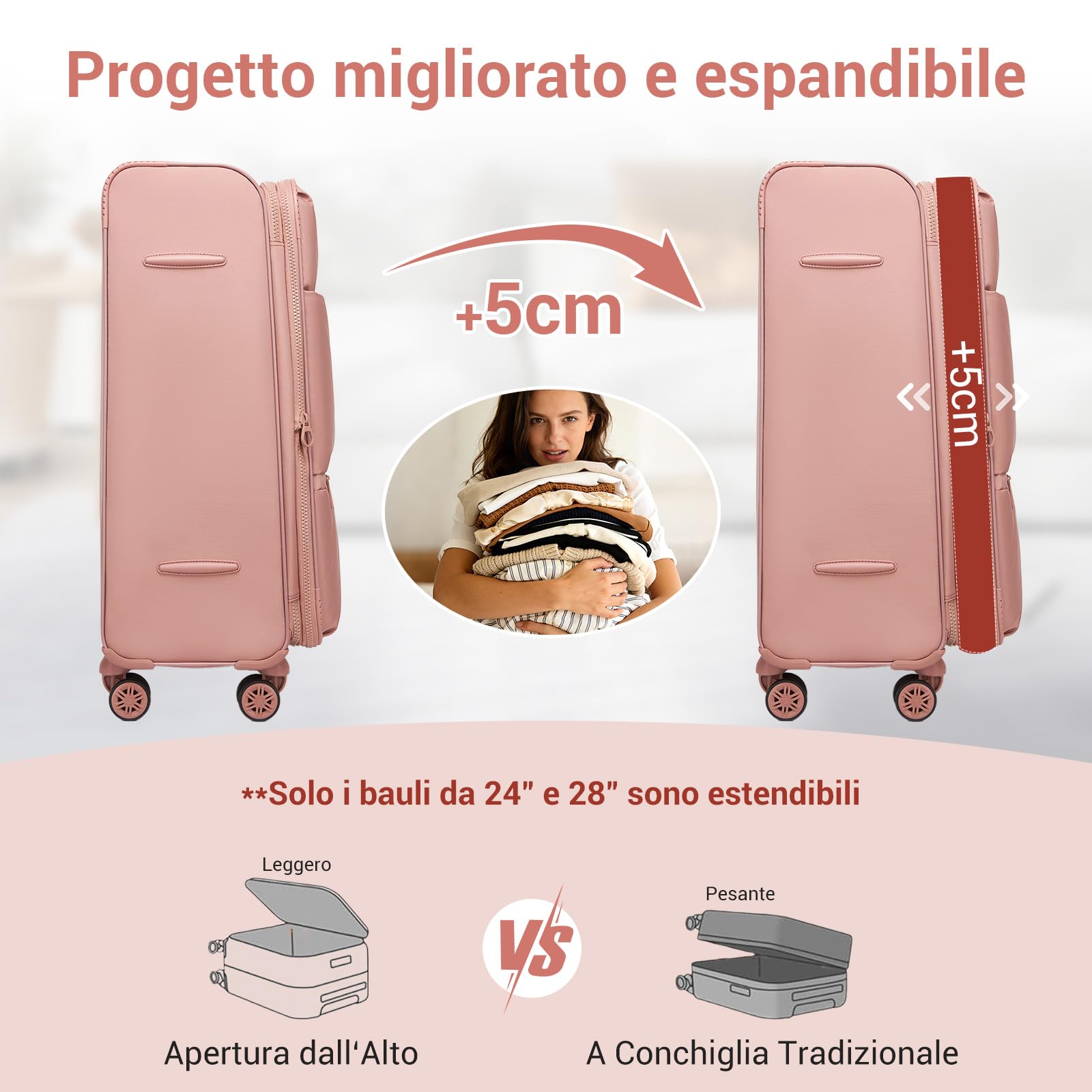 Miss Lulu Valigia Morbida Espandibile con Ruote Girevoli, Bagaglio a Mano, Valigia da Viaggio Media, 74,5 x 44 x 32 cm, Rosa