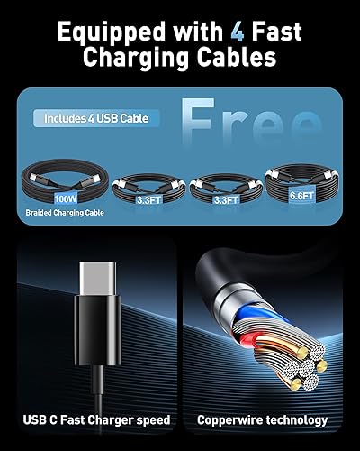 Miniatura 4 de Bloque de cargador USB C de 280 W con 4 cables USB, estación de carga USB C de 8 puertos GaN 100 W, adaptador de cargador para portátil compatible