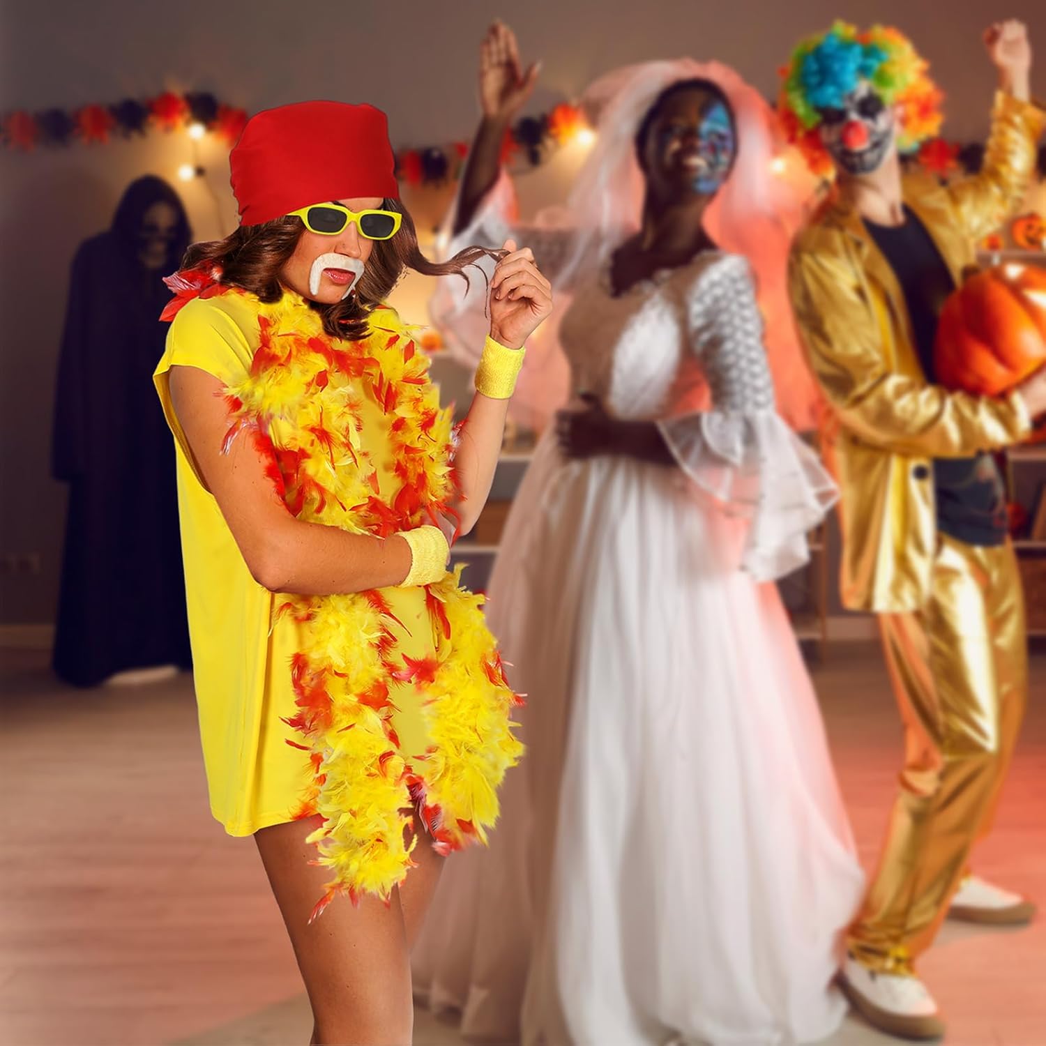 6 Pcs Halloween Wrestler Costume Set Include Yellow Sleeveless T-shirt 6ft Feather Boa Mustache - Image 5