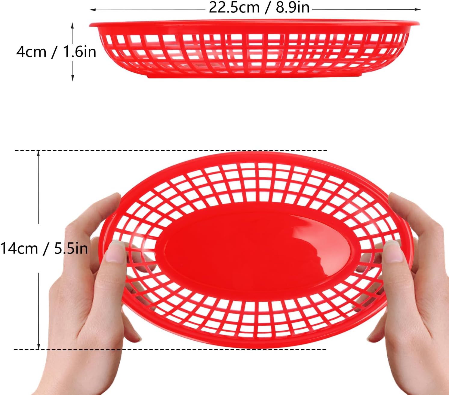 100 Pcs 9 x 5.7 Inch Red Oval Fast Food Baskets, Sturdy Plastic Food Serving Baskets with 100 Sheets Deli Paper Liners for Parties, Picnics, BBQs and Snacks, by KUKLIPJIM