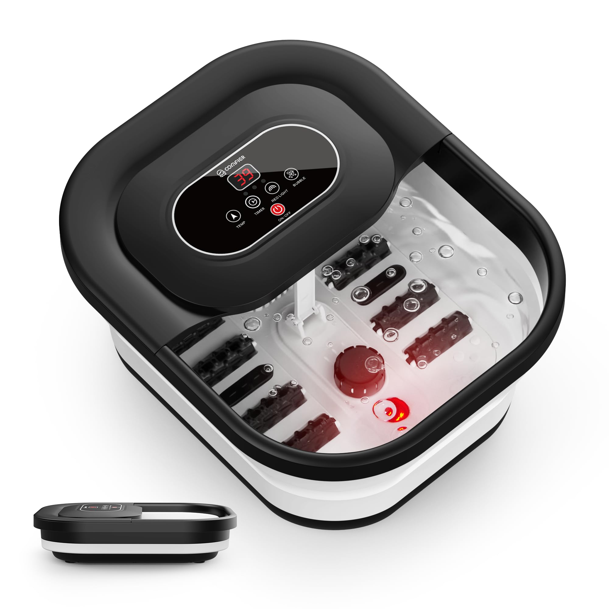 COMFIER Bain de pieds chauffant de massage|Masseur de pieds pliable|Fonction de vibration et de bulles|Pierre ponce pour pieds|35℃-48℃|Avec 8 rouleaux Shiatsu (Noir)
