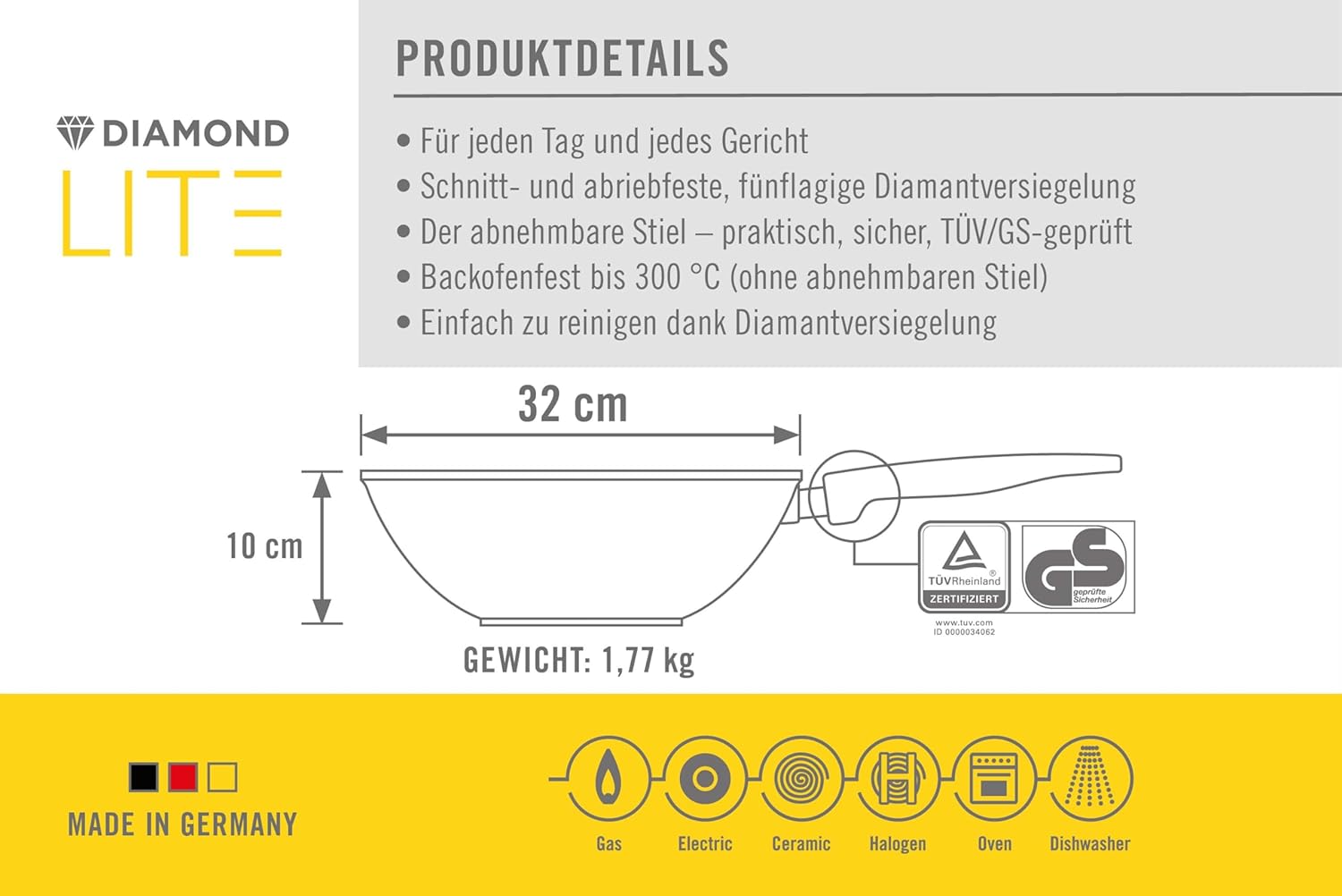 Woll Diamond Lite Wok and Stirring Pan, Diameter 32 cm, Height 10 cm, with Removable Handle, Suitable for Ceramic, Gas, Electric, Halogen - Not Suitable for Induction Cookers, Die-Cast Aluminium,