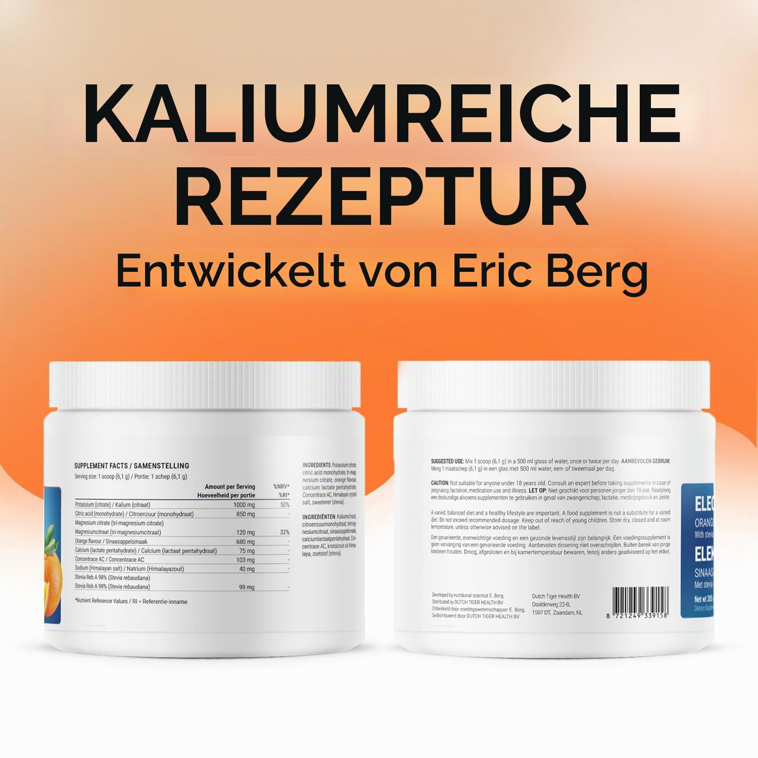 Berg Elektrolyt-Pulver – Orangengeschmack – Mit rosa Himalaya-Salz – 1000 mg Kalium & 120 mg Magnesium pro Portion – Ohne Zucker – 50 Portionen