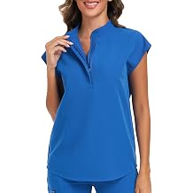 VECARDI Womens Scrub Top 4 Way Stretch Shirts Zipper Up Work Blouse Short Sleeves Top with Two Pockets Royal Blue