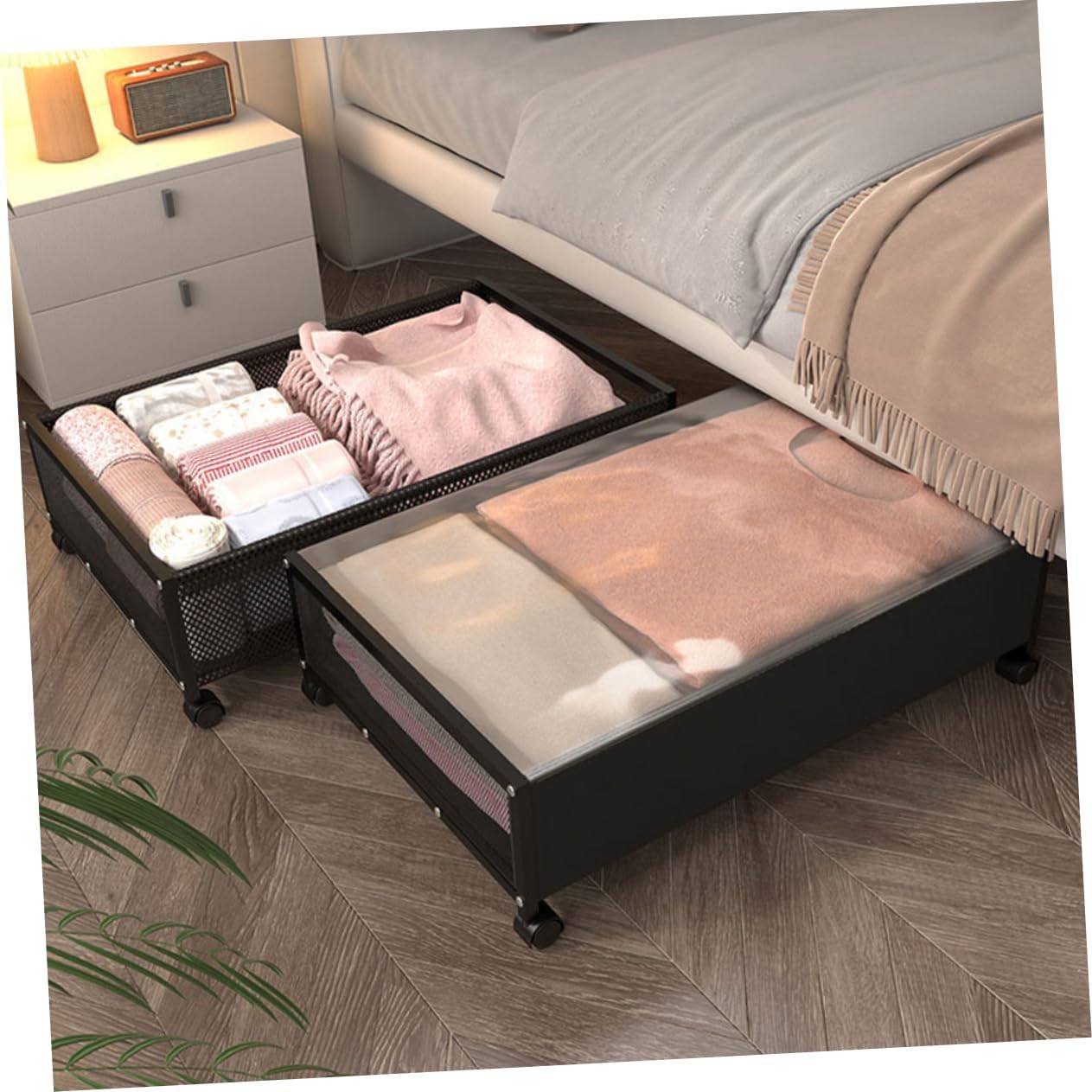 Bed Storage Organizer Under Bed Storage Container Iron PVC Material Large Capacity Rolling Bins for Clothing Toys