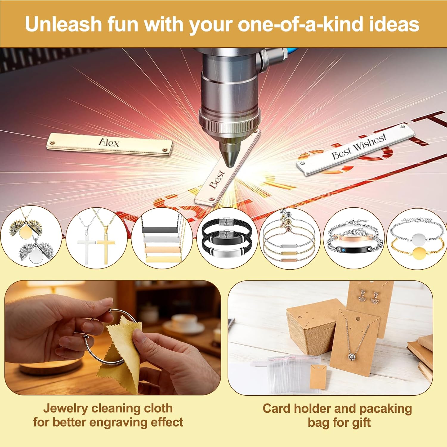 Vercleuim 161 Pcs Laser Engraving Materials kit, 20 types Jewelry Making Engraving Accessories Kit with Necklace, Bracelet, Ring, Keychain,Mental business card for Laser Engraver DIY Crafting Supplies - Image 5