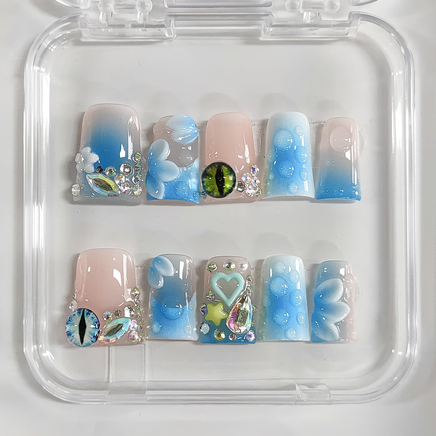 Uñas postizas a presión hechas a mano con diseño de pato corto 3D, uñas postizas acrílicas gruesas con punta francesa con diamantes de imitación, ojos de flores, diseños de uñas azules, resistentes