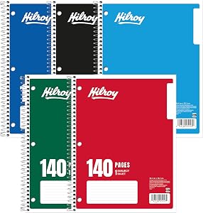 Hilroy 1-Subject Coil Notebook, 8" x 10.5", Wide Ruled, 3-Hole Punched, 140 Pages/70 Sheets, 1 Notebook, Colour May Vary (05553)
