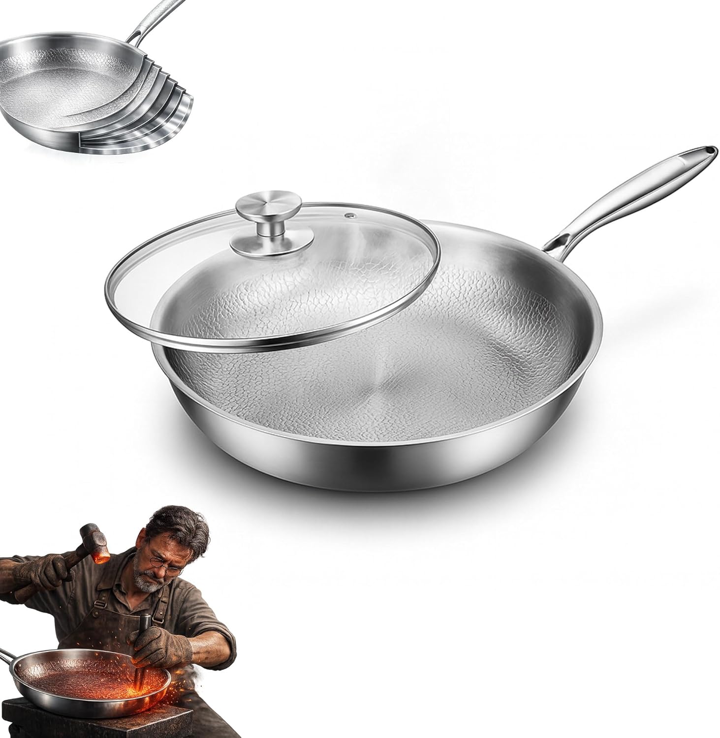 Pure Titanium Hammered Frying Pan with Lid, 10 Inch Skillet, No Coating Cookware, Even Heat, Scratch Resistant, Oven Safe, for Steak, Eggs, Salmon, Gas Electric Induction