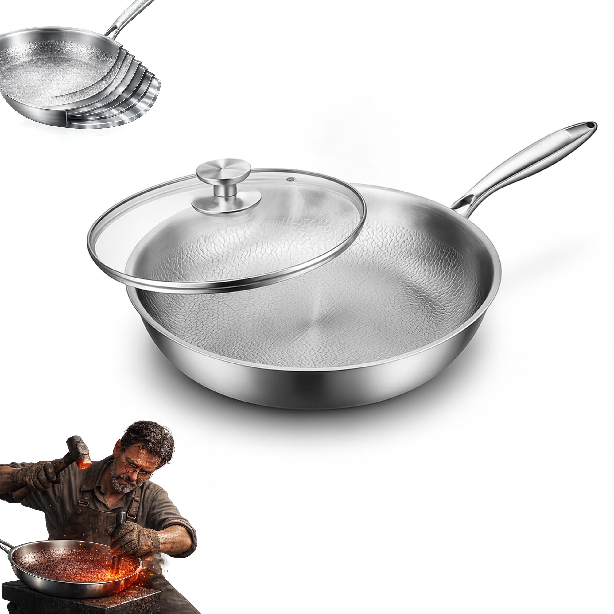 Photo 1 of LIBSTP Pure Titanium Hammered Frying Pan with Lid, 12 Inch Skillet, No Coating Cookware, Even Heat, Scratch Resistant, Oven Safe, for Steak, Eggs, Salmon, Gas Electric Induction