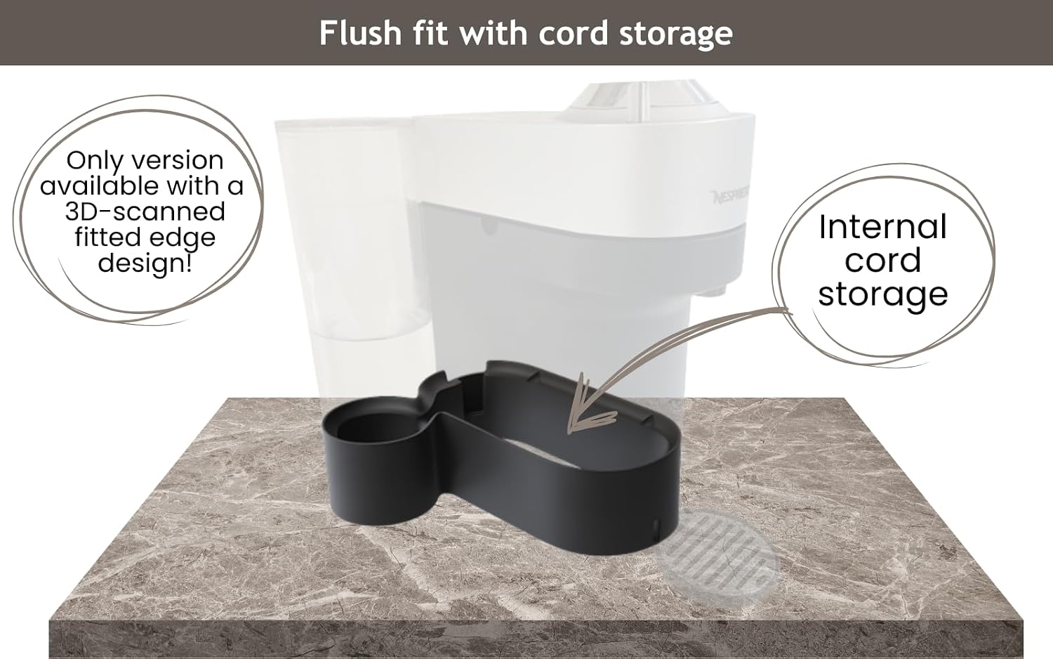 Riser Stand for Nespresso Vertuo Pop+ , Black, 2.5in Height, with 3D-Scanned Fitted Edge Design, Built-in Cord Storage, Compatible with Standard and Deluxe Models. Accommodates mugs, tumblers, rumblers 7.5in and less
