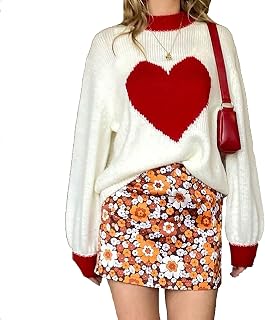 Nileco Fall Ribbed Streetwear Sweatshirt for Girls,Simple Knitted Jumper Tops Long Sleeve Crewneck Pullover,Women Heart Sweater