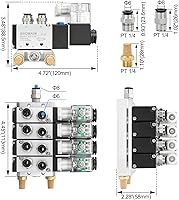 Vista 2 de Baomain Colector de válvula electromagnética de 4 estaciones, 24V CC 5 vías 2 posiciones válvula de aire neumática, cuatro solenoides, puerto PT