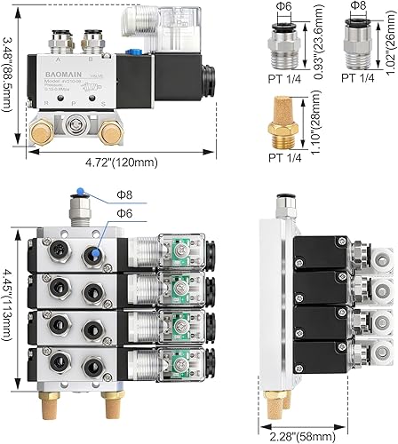 Miniatura 2 de Baomain 4 Station Solenoid Valve Manifold, 24V DC 5 Way 2 Position Pneumatic Air Valve, Four Solenoid, 1/4" PT Port, Includes Manifold Base &