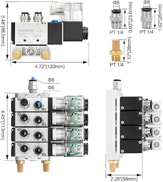 Baomain 4 Station Solenoid Valve Manifold, 110V AC 5 Way 2 Position Pneumatic Air Valve, Four Solenoid, 1/4 PT Port, Includes Manifold Base & Mufflers, 4V210-08