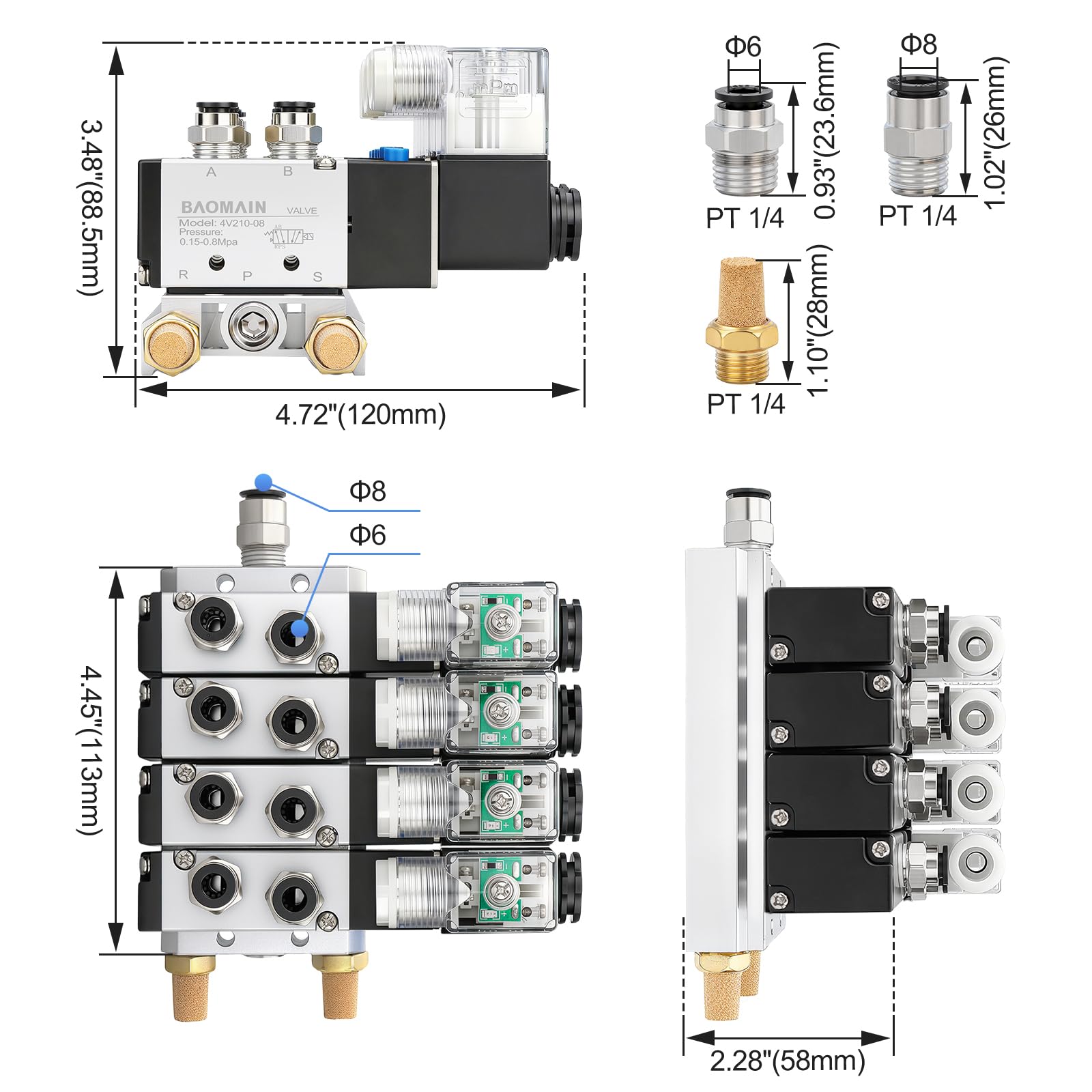 BAOMAIN Magnetventilblock 4-fach, 12V DC, 5/2-Wege 4V210-08, inkl. Ventilblockbasis, Schalldämpfer und 1/4" PT Anschlüsse, Pneumatik-Steuerventil-Set