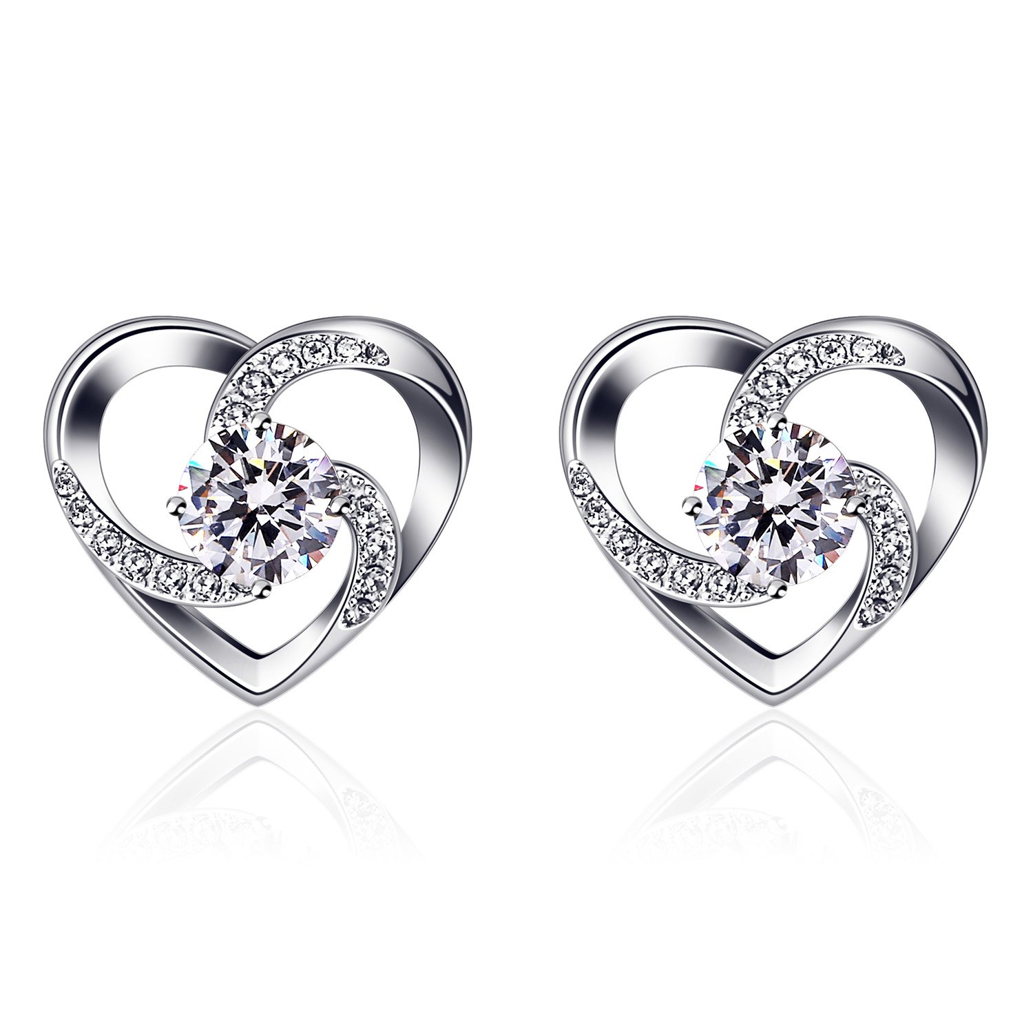 B.CatcherWomen's Earrings "Love is Happiness", 925 Sterling Silver Stud Earrings with Zirconia, Elegant Heart Design, for Birthday/Valentine's Day/Mother's Day