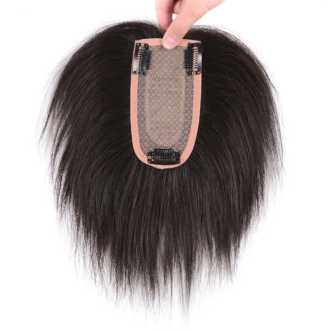 Human Hair Wiglet Topper with Clips, 2.8"x 5.1" Silk Base Hair Pieces for Thinning Hair, Natural Black 6 inch