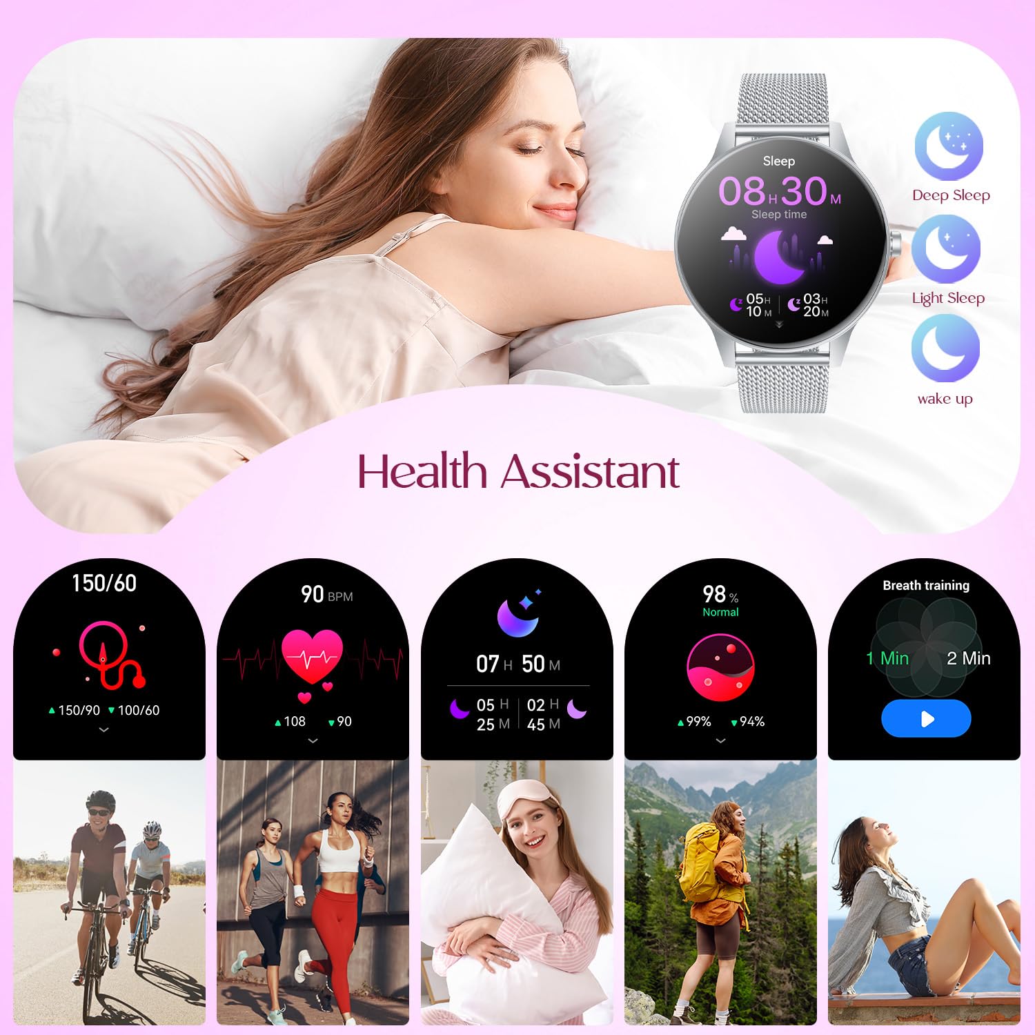 Smartwatch Donna Orologio Chiamate Bluetooth: 1,27" Tondo Touch Orologi Smart Watch da Impermeabile Sport Fitness Contapassi Cardiofrequenzimetro Pressione Caloriec Argento Polso Android iOS Telefono