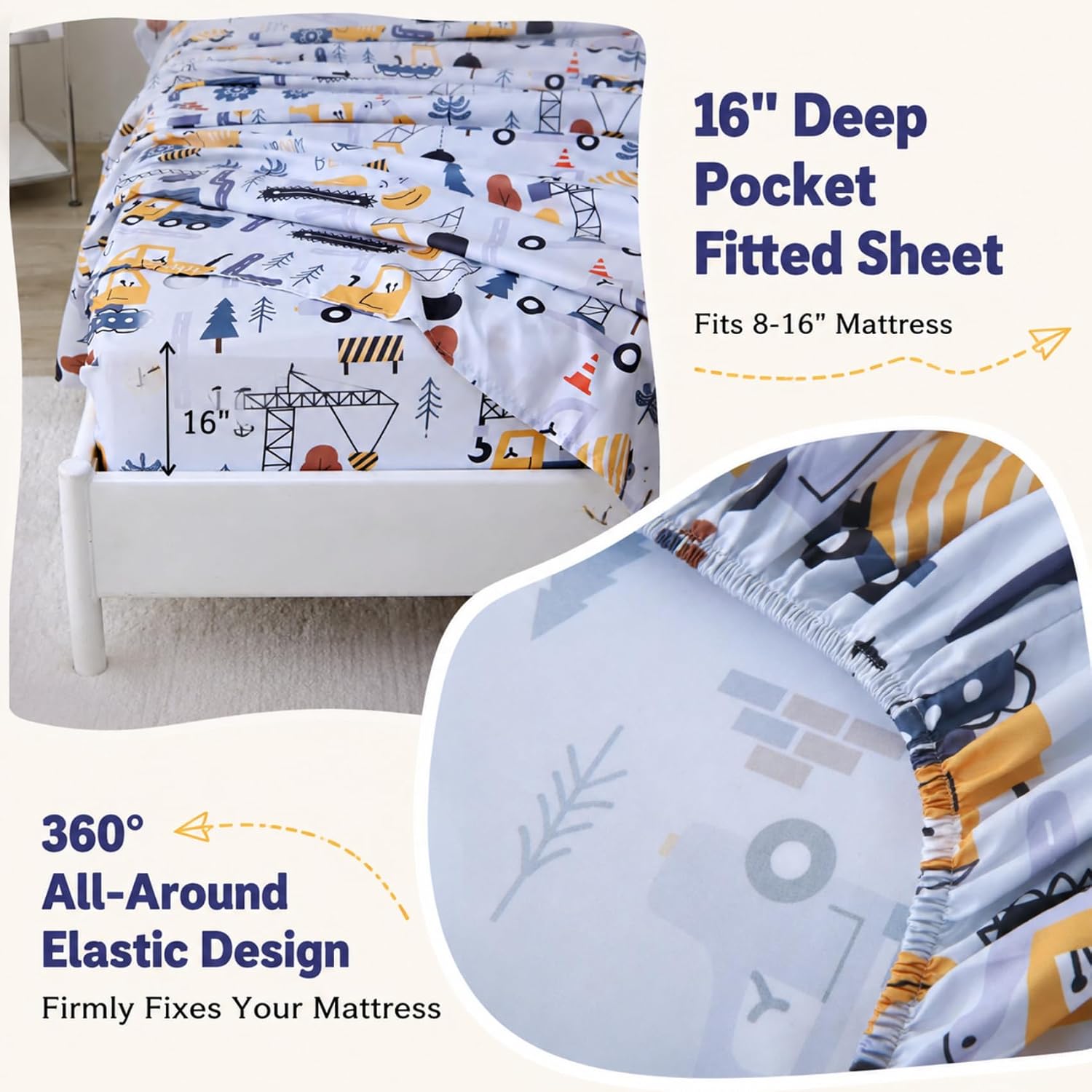Kids Sheet Set Full Size for Boys Excavator Cars Sheets with Deep Pocket Fitted Sheet Fit for 8-16" Mattress Soft Breathable Fade Resistant Bedding and Pillowcase 4-Piece Bedsheets Decor Bedroom