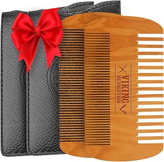Viking Revolution Wooden Beard Comb with Case - Dual Fine & Coarse Teeth, Anti-Static for Beards & Mustaches, 2 Pack