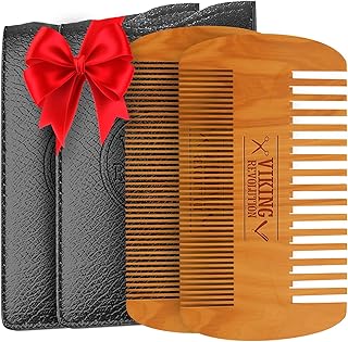 Viking Revolution Wooden Beard Comb & Case, Dual Action Fine & Coarse Teeth, Perfect for use with Balms and Oils, Top Pocket Comb for Beards & Mustaches (2 Pack)